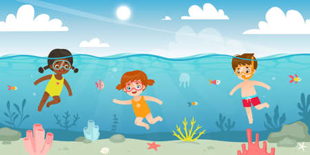 Cute kids in the sea. Cartoon children snorkeling in the ocean. Young divers watching the fish on coral reef.のイラスト素材