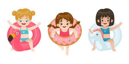 Summer girls on inflatable rings set. Collection of cute swimming children in swimwear.のイラスト素材