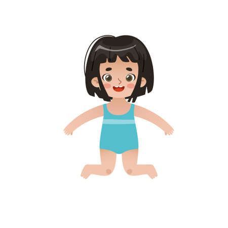 Cute asian baby girl in swimwear jumping. Happy little child in swimsuit. Adorable summertime kid.のイラスト素材