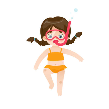 Cartoon girl diving underwater with a snorkeling mask. Adorable baby girls are snorkeling.のイラスト素材