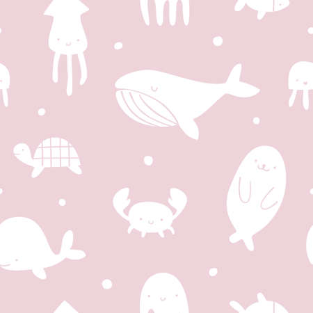 Cute sea animals silhouette pink pattern. Doodle stamp marine seamless vector baby print.のイラスト素材