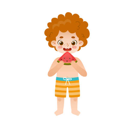 Adorable baby boy eating watermelon. Cute kid with curly red hair in swimwear with slice of watermelon.のイラスト素材