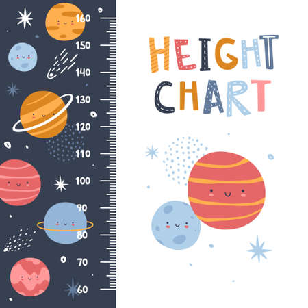 Cute cosmic height chart with smiling planets. Outer space kids ruler for nursery. Astronomy print with scale for children.のイラスト素材