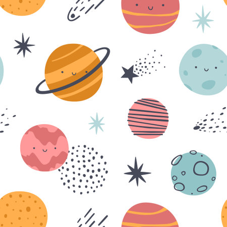 Cute scandinavian pattern with smiling planets of solar system. Space vector seamless print for kids.のイラスト素材