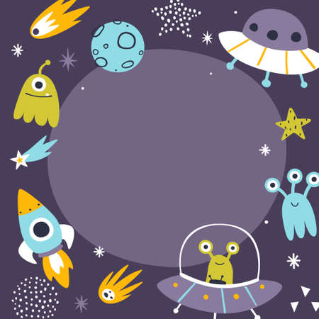 Funny outer space frame with aliens. Cosmic border for kids stationery. Background for cute childish...