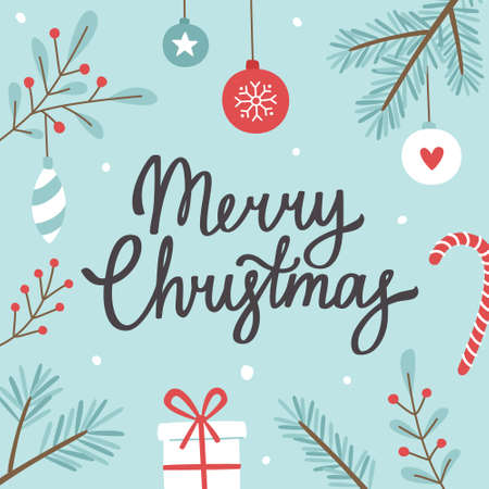 Christmas calligraphy lettering with festive decor frame. Merry christmas congratulations banner.のイラスト素材