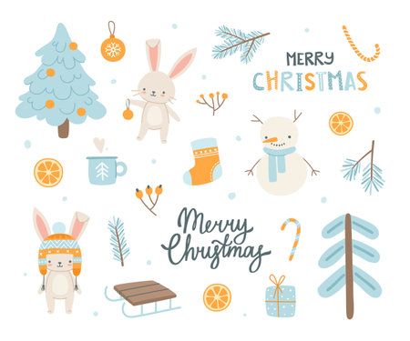 Cute cartoon christmas set with bunnies. Cozy winter sticker collection with rabbits. New year kawaii hases bundle.のイラスト素材
