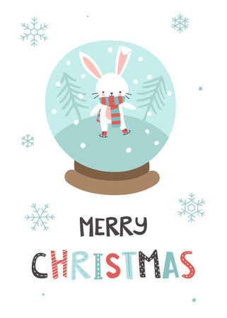 Christmas card with bunny in snow globe and lettering. Winter poster with rabbit on the skates.のイラスト素材
