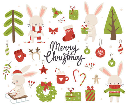 Christmas bunnies and festive decoration set. Winter rabbits collection with calligraphy lettering. New year sticker pack.のイラスト素材