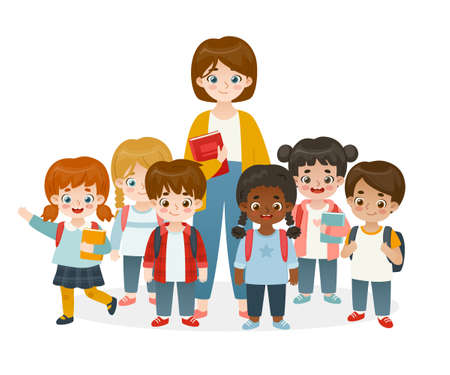 classmate standing with teacher. cartoon pupils diverse group. Cute kids set.のイラスト素材