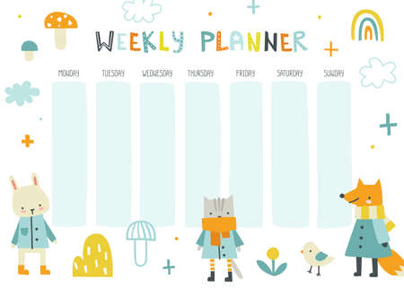 Cute weekly planner with animals. Scandinavian vector design of timetable for baby.のイラスト素材