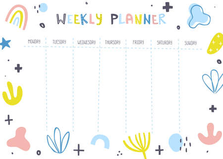 Weekly planner with abstract shapes. Scandinavian design of timetable. Cute vector schedule template.のイラスト素材