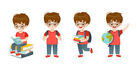 Set of clever boy poses. Cute pupil in school. Collection of smart schoolboy poses.のイラスト素材