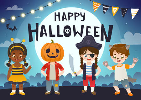 Halloween kids dressed up in costumes. Cute cartoon children on halloween night carnival.のイラスト素材