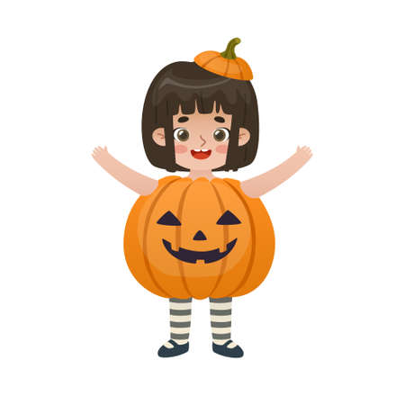 Cute baby girl in halloween pumpkin costume. Little asian girl dressed as a pumpkin.のイラスト素材
