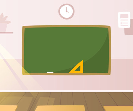Empty classroom background with blackboard. School room cartoon interior with chalkboard.のイラスト素材