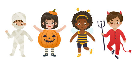 Set of cute kids in halloween traditional costume. Collection of cartoon adorable dressed up children.のイラスト素材