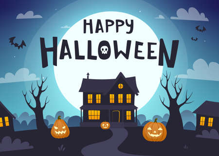Halloween night landscape with scary old houses and moonlight. Halloween poster with lettering.のイラスト素材