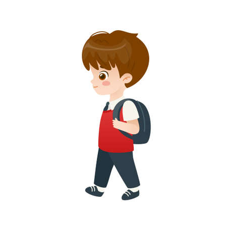 Cute little boy goes to school. Cartoon cute student walking with backpack. Adorable pupil in uniform.のイラスト素材