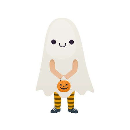 Cute kid in ghost halloween costume. Cartoon child dressed up for halloween night.のイラスト素材