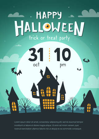 Halloween night party poster with old creepy house silhouette. Halloween invitation template with spooky village.のイラスト素材