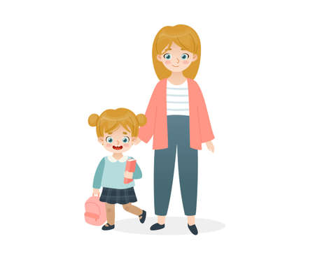 Cute school girl standing with her mother. cartoon mom and daughter. parent with child.のイラスト素材