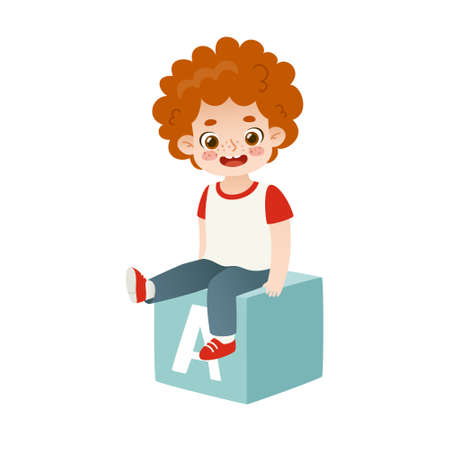 Cute happy kid sitting on the abc block. Adorable school boy sitting on cube with letter a.のイラスト素材
