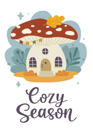 Cute autumn poster with mushroom house and calligraphy lettering. Vector print cozy amanita home.のイラスト素材