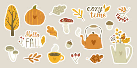 Cozy autumn sticker pack. Cute fall season set. Vector autumn decoration bundle.のイラスト素材