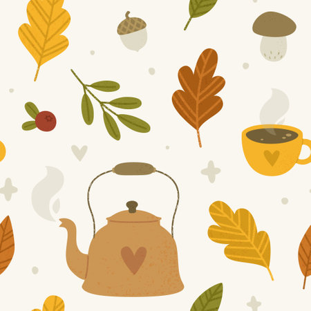 Cute autumn pattern with foliage and teapot. Fall seamless vector print with warm tea for textile.のイラスト素材