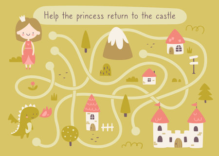 Fairy tale mini labyrinth game for baby girls. Fantasy village maze with princess for kids.のイラスト素材