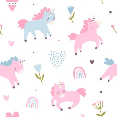 Cute baby girl pattern with unicorns. Girly vector seamless print for textile and nursery.のイラスト素材