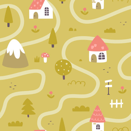 Cute medieval village pattern. Rural map seamless vector print for kids textile and fabric.のイラスト素材