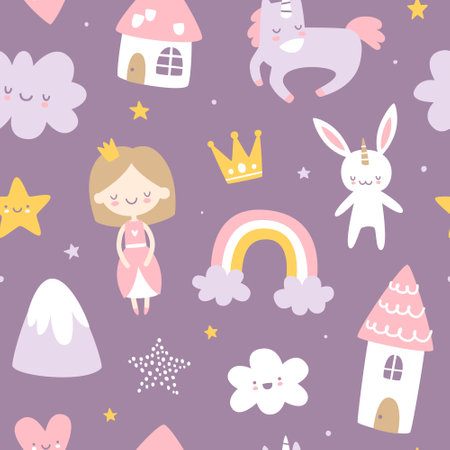 Cute purple fairy tale pattern. Cartoon seamless vector print for girls textile and nursery.のイラスト素材