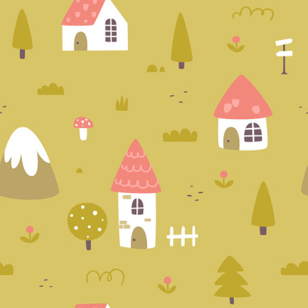 Cute medieval village pattern. Rural map seamless vector print for kids textile and carpets.のイラスト素材