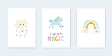 Set of cute posters for baby room. Kawaii prints collection for kids wall art. Cartoon triptych for nursery.のイラスト素材