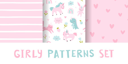 Baby girls pattern collection. Cute seamless pink vector prints set. Scandinavian girly patterns.のイラスト素材