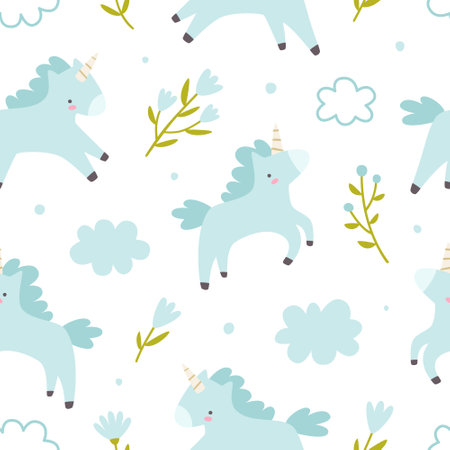 Cloud sky pattern with unicorns and flowers. Girly vector seamless print for textile and nursery.のイラスト素材