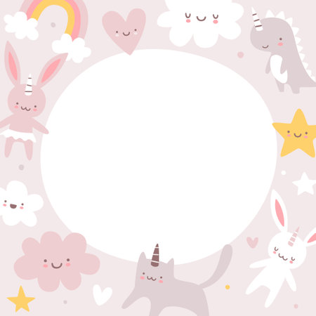Girly frame with unicorn animals. Cute pink border for kids stationery. Baby scandinavian background.のイラスト素材