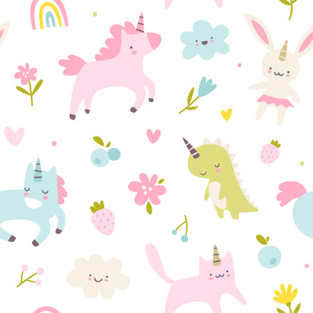 Unicorn animal cute baby pattern. Seamless vector girly print for textile and nursery.のイラスト素材