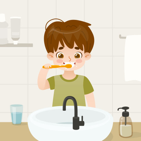 A boy brushes teeth in the bathroom. Cartoon kid with toothbrush in front of the sink.のイラスト素材