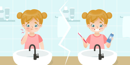 Cartoon girl with toothache vs happy kid brushing her teeth. Cute child with caries. Dental problem and prevent cavities.のイラスト素材