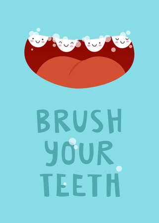 Dental care poster for kids with cartoon mouth and cute teeth. Toothbrushing banner for children.のイラスト素材