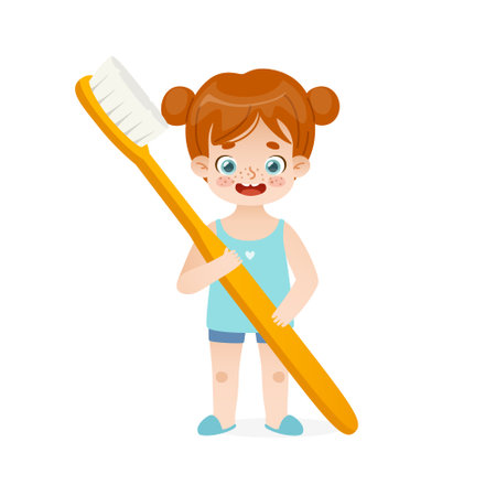 Cute baby girl standing with big toothbrush. Cartoon child prevents caries. Dental hygiene for kids.のイラスト素材