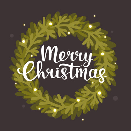 Christmas fir wreath with calligraphy lettering. Coniferous circle frame with christmas congratulations and sparkle.のイラスト素材