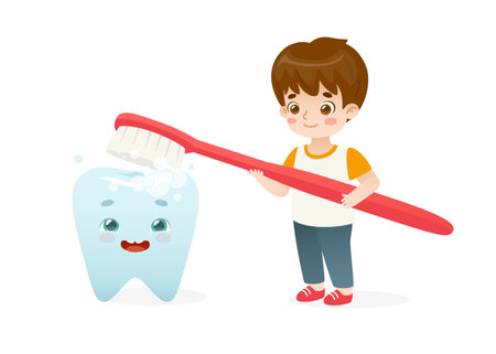 Cartoon boy brushing tooth with big toothbrush. Cute scene with kid brushing huge smiling teeth.のイラスト素材