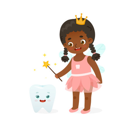 Cute tooth fairy baby girl casts a spell on tooth. Cartoon african american tooth fairy dental mascot.のイラスト素材
