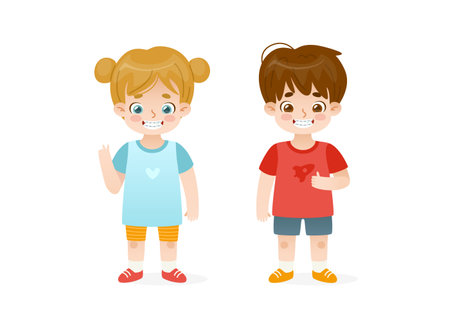 Cartoon kids with braces standing and wide smiling. Cute vector children with brackets.のイラスト素材