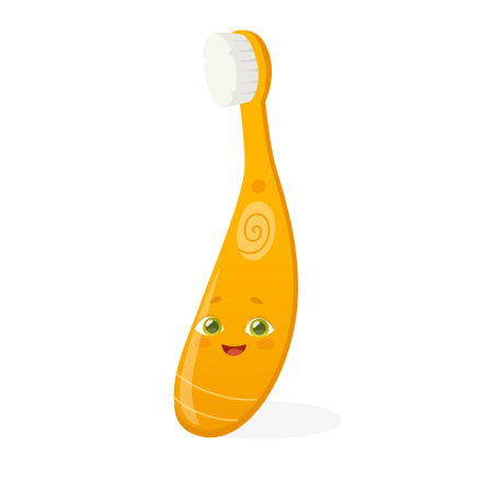 Cartoon toothbrush with cute smiling face for kids. Adorable dental mascot for children.のイラスト素材