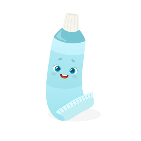 Cartoon tube of tooth paste with cute smiling face. Adorable dental mascot for kids.のイラスト素材